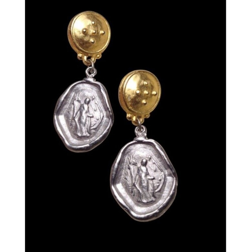 Vintage Roman Coin Aphrodite Gold Silver tone Dangle Earrings